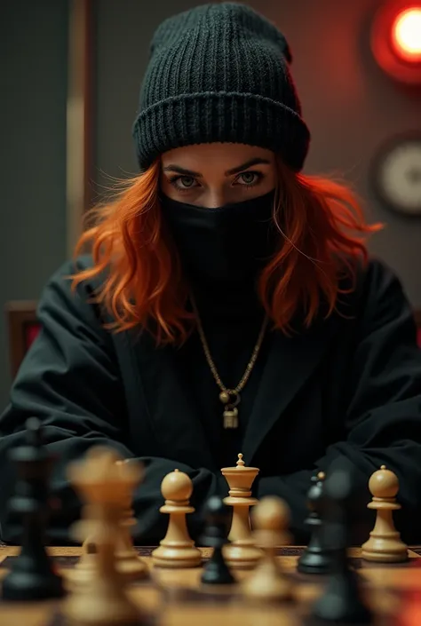 A red-haired rapper with a balaclava who plays chess and is on her turn right now