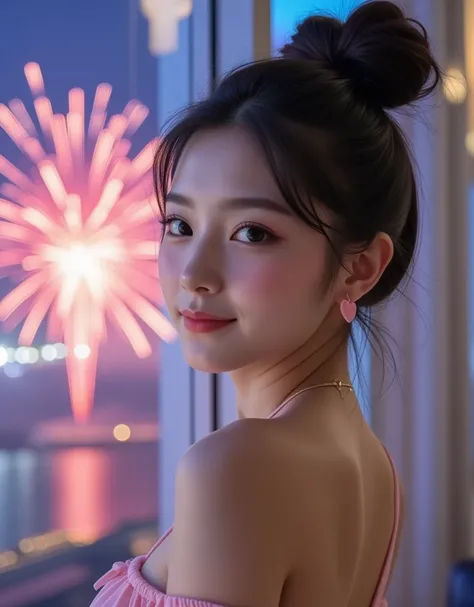 (Korean college girl with super cute big boobs is enjoying the fireworks:1.2)(Happy smile:1.2)(16k,  RAW photos ,  top quality,  Masterpiece: 1.2),( Shiny Black Hair Cute Bun Hair )  Super Detail,  Super Resolution, (Genuine, Genuine photos: 1.37),  portra...