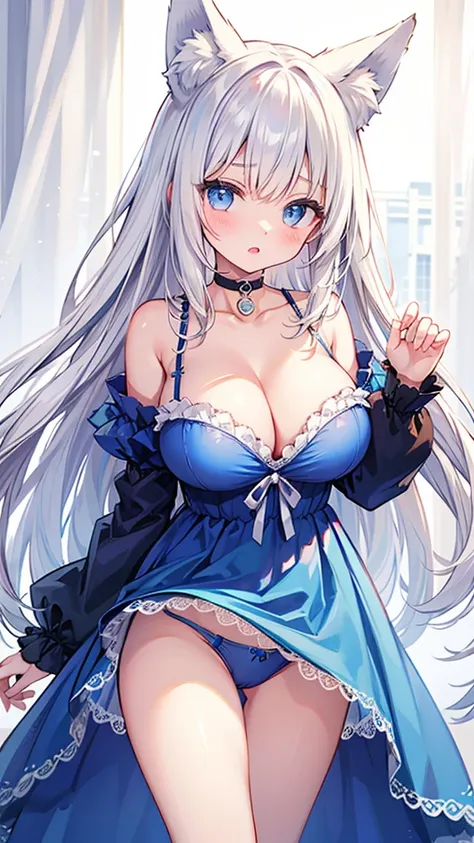  white hair、 blue eyes、 long hair、 fox ear、 blue dress、 see through、Big Breasts、 choker、Ridiculous Underwear