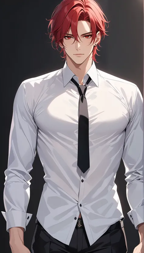 top quality　 Masterpiece 　 high definition 　 Masterpiece 　, red hair man,　　 red Eyes man 　  plain backround, no backround, white backround, male, mascular body , handsome, ikemen, white shirt, balck tie, partly unbottoned, black pants