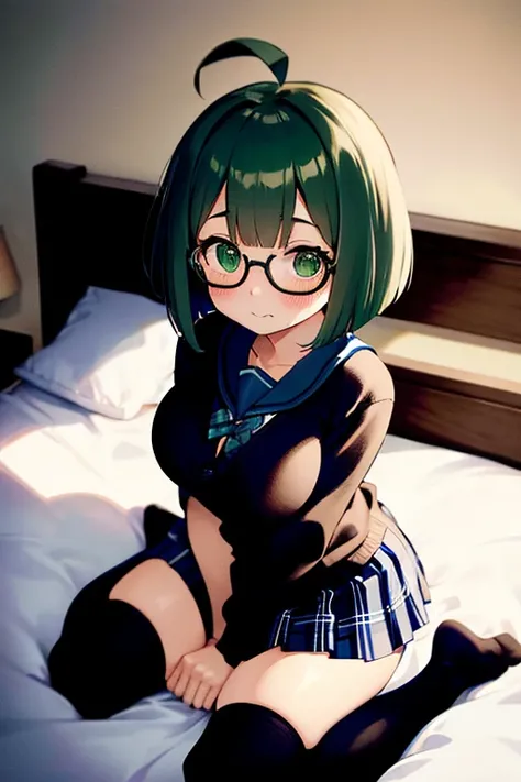  from the front、upper body、 wariza、learning、 forword 、 looking up、 from above、 shy、blush、curvy、One cute girl、 big eyes、Green Hair、 
break、
 bob cut、medium hair、ahoge、 Big Breasts、school  uniform, Cardigan、navy skirt in plaid skirt、 
break、
school knee high...