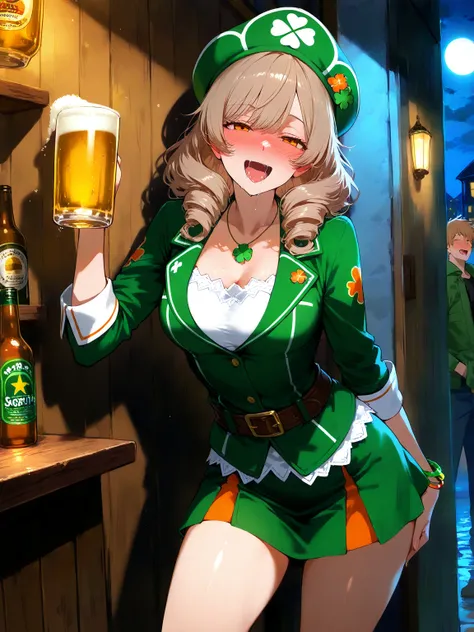 irish bar, night, moonlight, light brown hair, braid, curly hair, amber eyes, saliva, drunk, happy, St. Patrick's cap, green miniskirt, green jacket with clover design, buckle belt, bracelets, necklaces, medium breasts, holding beer, tilted head, wobbly po...