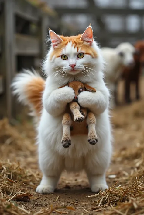 A large white and orange cat with fluffy fur standing on his legs is sneaking into a goat pen and carefully picking up a small baby goat. The cat's eyes are wide with curiosity, and its fluffy tail is slightly raised as it gently holds the baby goat. The  ...