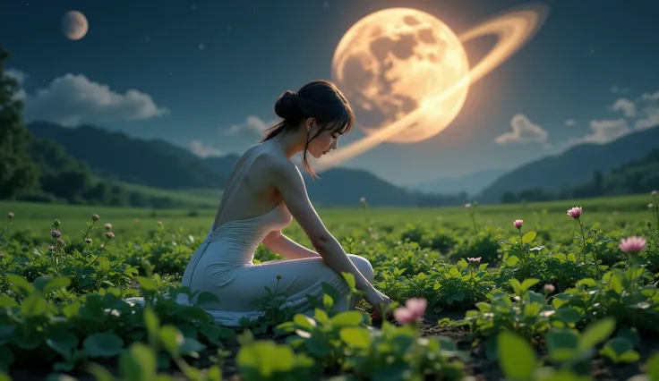 very beautiful Chinese girl in a dress with a deep neckline planting seedlings in the ground in a field full of greenery, night, against the background of a huge moon with rings like Saturn, 8k, best quality, masterpiece, high resolution, original, extreme...