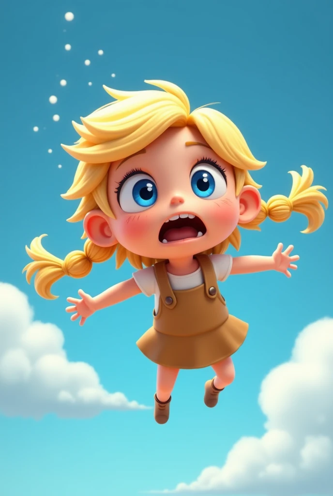 a cute little blonde toon girl with blue eyes falls from the sky with a scared expression