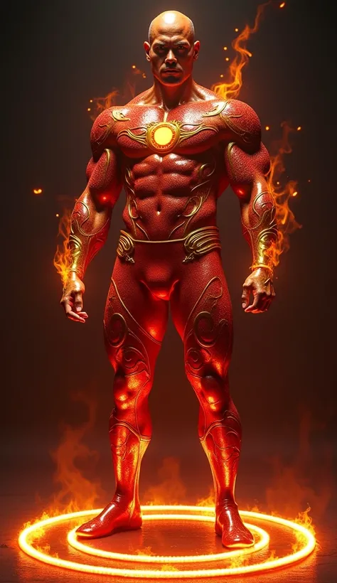 Full-fullbody 3D image of a strong and handsome hunky Astro, surrealistic face and eyes, wearing red and gold swirls and twirls filigree shiny glittered latex spandex, hands holding a shining fire jewel, the hero face is depicted extremely clearly in every...