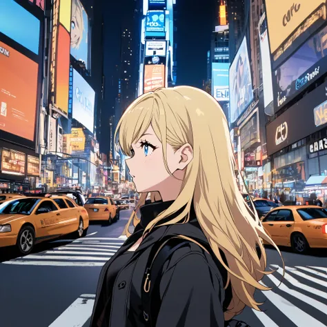 One girl, blonde hair, Shortcuts, Blue eyes,  Black clothes, New York