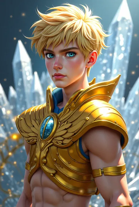 Young man of  blond hair with blue gray eyes wearing bronze armor of the white swan with reflections of crystal Saint Seiya Manga