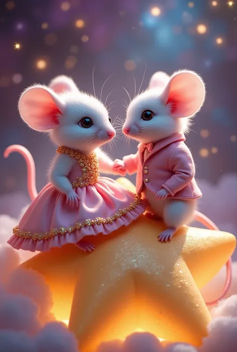 

*"A cute little white mouse and a mouse, dressed in a branded pink dress, are sitting on a large, shiny star. The mouse is wearing a beautiful, silky pink gown with gold embroidery and soft frills, while the mouse is wearing a sophisticated pink tuxedo w...