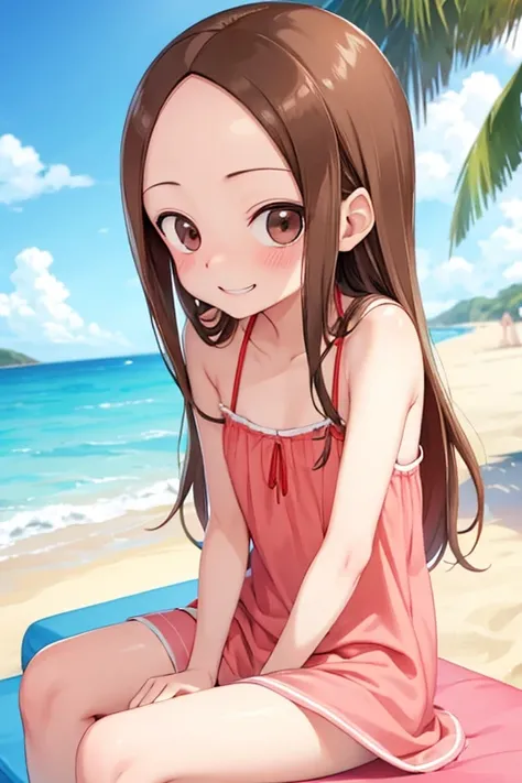 (takagi-san )
  upper body：Sundress
lower body ：
 subject size：Girl
background ： beach
Time ： beach
Expression ： evil smile
posture ：sitting
