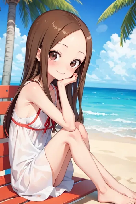 (takagi-san )
  upper body：Sundress
lower body ：
 subject size：Girl
background ： beach
Time ： beach
Expression ： evil smile
posture ：sitting
