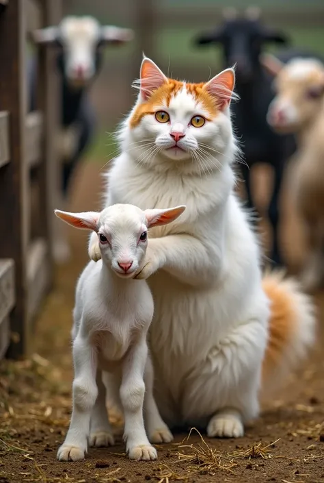 A large white and orange cat with fluffy fur standing on his legs is sneaking into a goat pen and carefully picking up a little White baby goat. The cat's eyes are wide with curiosity, and its fluffy tail is slightly raised as it gently holds the baby goat...