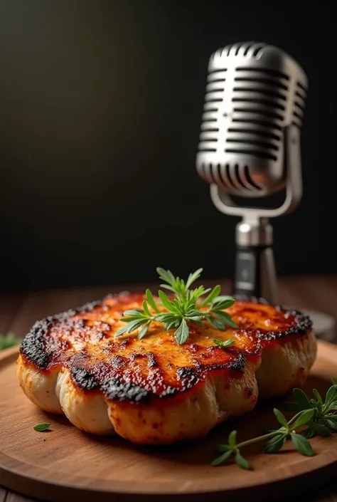 Dish with pork chop and microphone in the background