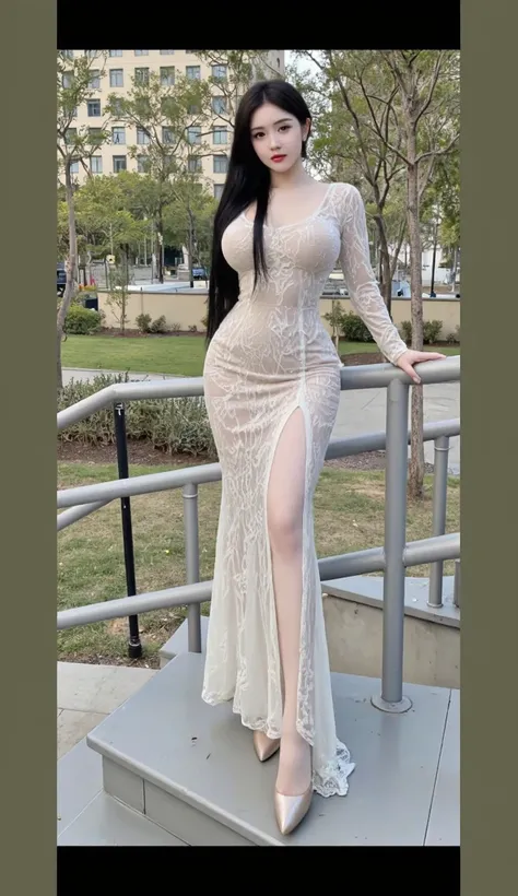  "Drawing an elegant woman ， Standing in an outdoor environment 。 She is wearing a close-fitting white lace long skirt ， The skirt is transparent and light ， With a high slit design ， Showing elegance and sexiness 。 The woman has long straight black hair ，...