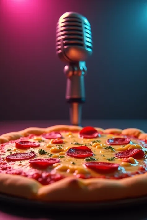 Aygenerate me a picture of a pizza with a microphone in the background 