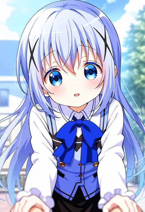 smiling, outdoors ,1girl,Very cute ,small breasts ,Junior high school student, one woman ,kafuu chino, Original style, Very high quality, soft to the touch, beautiful,super detailed skin, high resolution, novel illustration, shiny skin,in gochuumon wa usag...