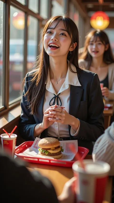 A radiant young woman in an elegant school uniform enjoys a casual meal at a fast-food restaurant, her expression filled with joy, curiosity, or playful anticipation. She takes a bite of a burger, sips a drink through a straw, or glances up with a soft smi...