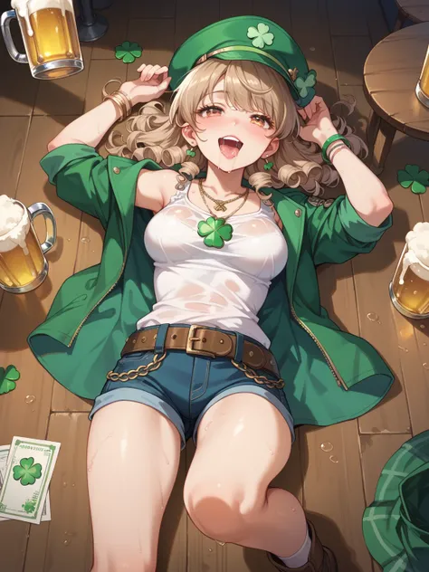 irish bar, night, moonlight, light brown hair, braid, curly hair, amber eyes, saliva, drunk, St. Patrick's cap, green miniskirt, green jacket with clover design, buckle belt, bracelets, necklaces, medium breasts, beers on the floor, lying on the floor, wet...