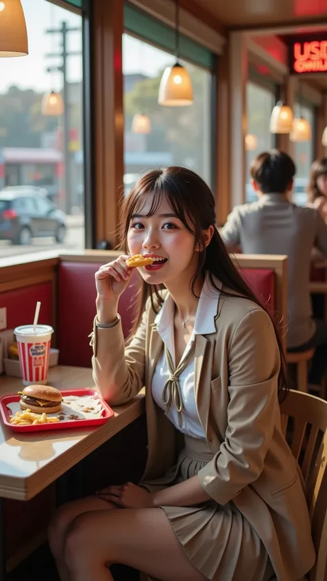 A radiant young woman in an elegant school uniform enjoys a casual meal at a fast-food restaurant, her expression filled with joy, curiosity, or playful anticipation. She takes a bite of a burger, sips a drink through a straw, or glances up with a soft smi...