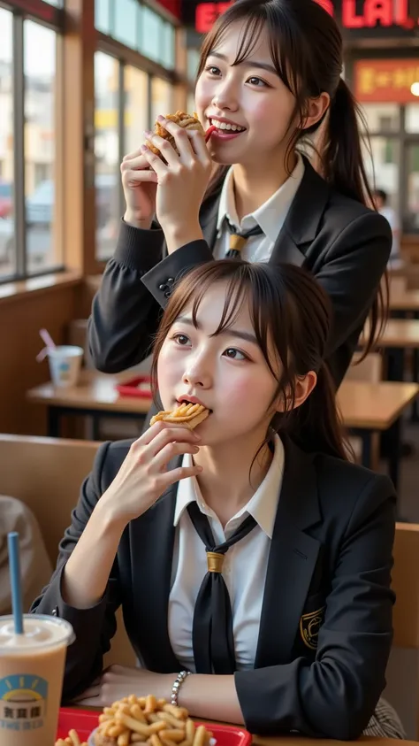 A radiant young woman in an elegant school uniform enjoys a casual meal at a fast-food restaurant, her expression filled with joy, curiosity, or playful anticipation. She takes a bite of a burger, sips a drink through a straw, or glances up with a soft smi...