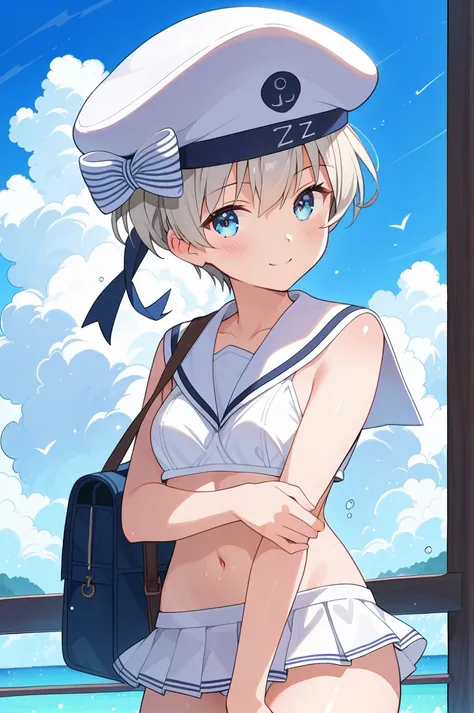 z1 leberecht maass \(kancolle\), 1girl, short hair, grey hair, blue eyes, white headwear, sailor hat, hat ribbion, blue ribbon, white sailor collar, sailor bikini, frills, microskirt