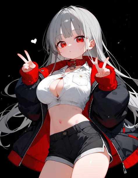  girl, dark gray hair , in red eyes ,Long hair, jacket , jacket ตัวใหญ่, dark edges, smooth bangs , Shorts , long sleeves at all , Big Breasts, cute,cool, black background , loli , fan boy , Red Collar,ยิ้ม cute, Black Buttoned Top,two fingers post 