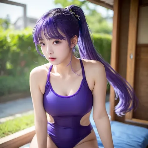  Japanese woman like an idol ,(( 1 woman)), ( ponytail ), Round face ,((  bust up 、 white school swimsuit ,  As shown in the picture  ,    high school、 natural pose、 Masterpiece, Purple Hair, 