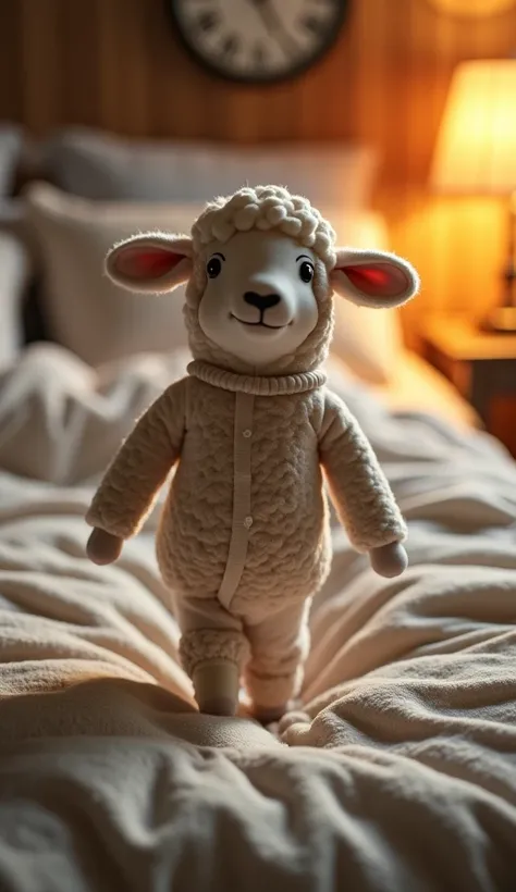 " A realistic sheep walking towards a bed in a cozy bedroom,  as if ending a long day of work .  The sheep wears soft and comfortable pajamas , but it doesn't carry anything in its hands .  The environment has soft and warm lighting ,  conveying a sense of...