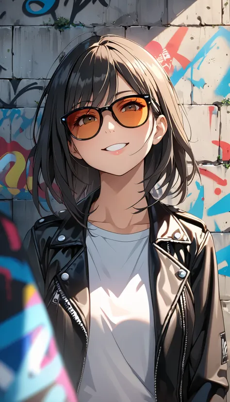 Commemorative photo of a girl , 1 person, JK,  gals,  LEATHER JACKET:1.2,  sunglasses,  looks up, smile,  mouth, ((concrete fence ,  wall with graffiti )),  Light and Shadow with Attention to Details, Soft focus,  Background Blur,  anime style,  anime pain...