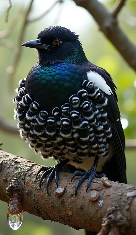 "A shiny, round magpie perches on a tree branch, its entire body covered with small baby magpies instead of normal feathers. Each baby bird has black-and-white plumage with iridescent blue wings, making the mother appear dazzling. The mother magpie has a s...