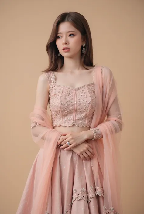 The scene features a graceful young woman posed elegantly against a soft, neutral background. She is adorned in an exquisite traditional outfit composed of a shimmery, intricately embroidered blouse and a flowing skirt. The blouse, designed with delicate b...