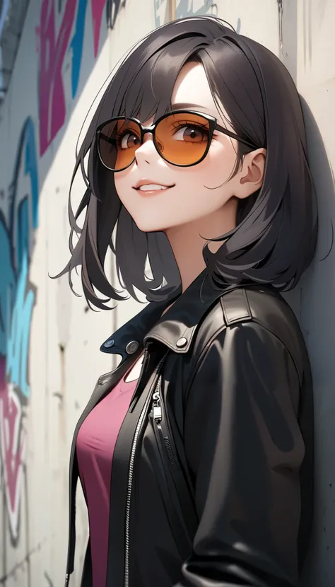 Commemorative photo of a girl , 1 person, JK,  gals,  LEATHER JACKET:1.2,  sunglasses,  looks up, smile,  mouth, ((concrete fence ,  wall with graffiti )),  Light and Shadow with Attention to Details, Soft focus,  Background Blur,  anime style,  anime pain...