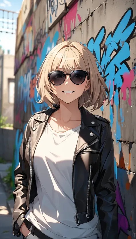 Commemorative photo of a girl , 1 person, JK,  gals,  LEATHER JACKET:1.2,  sunglasses,  looks up, smile,  mouth, ((concrete fence ,  wall with graffiti )),  Light and Shadow with Attention to Details, Soft focus,  Background Blur,  anime style,  anime pain...