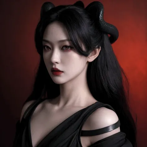 a female Japanese antagonist, 6 arms, dark red horns, pale skin, fangs, snake eyes, demon, fantasy, highly detailed, intricate, photorealistic, 8k, dramatic lighting, cinematic, dark fantasy, gothic, moody, dramatic, brooding, intense gaze, ominous presenc...