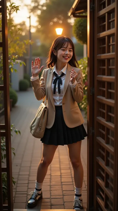 A radiant young woman in an elegant school uniform stands near the entrance of her home, saying goodbye. Her expression shifts between warmth, lingering attachment, and slight hesitation as she glances back, waves softly, or grips her bag gently.

Her unif...