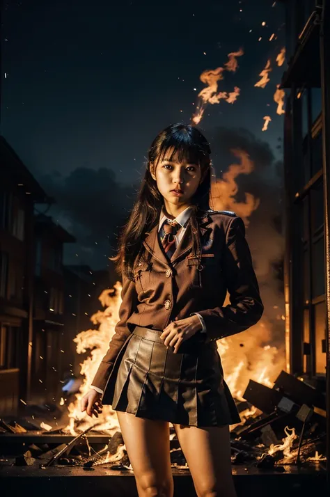 Japanese schoolgirl emitting flames from her right hand, wearing a uniform, (mini skirt), (in the city at night), (((realistic))), (((High resolution))), (right hand forward), (emitting flames from her right hand)