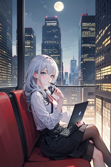   attention to detail ,  Super Detail,  super high resolution, The girl on the train , The outfit is random,  long hair,  braids, Hair color is white, She's sitting on a train chair , Late Night,  midnight, Cityscape, A row of skyscrapers, I can see the fu...