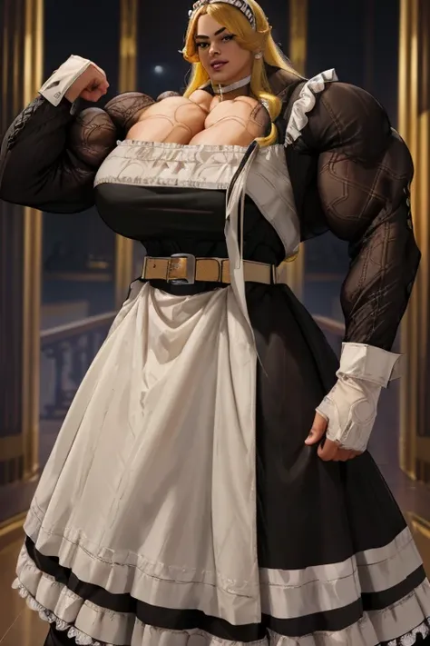 ((Close-up)), tall, (yellow hair) beautiful muscular latino woman, long hair, brown skin, closed smile, (large breast), (black lipstick), (massive muscles), (hyper muscle), ((ginormous bulky muscles)), gray eyes, (((((long sleeve maid dress with belt))))),...