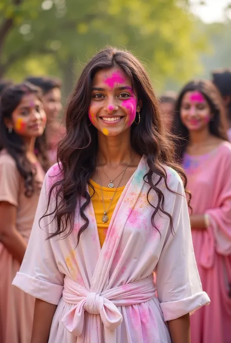 A 16 -year -old beautiful Indian girl plays Holi with her friends.  There is a color on the girl's cheeks and white cloth.