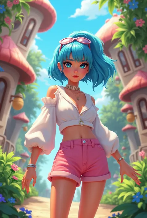  Blue hair clothes pink shorts white blouse in Jardin Roblox