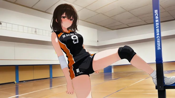 (((Top Quality))), (((Masterpiece))), (((Detail))), One girl, volleyball uniform, standing in gym, elbow supporter, knee supporter, black medium hair, dark brown eyes, shy face (0.5)