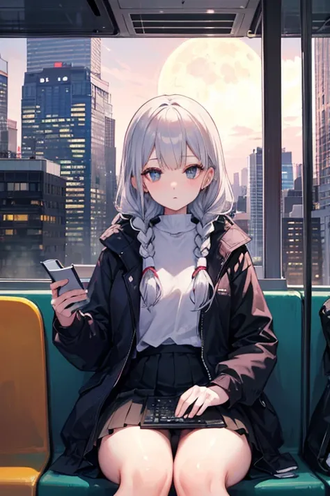   attention to detail ,  Super Detail,  super high resolution, The girl on the train ,  miniskirt, Relaxed parka,  long hair,  braids, Hair color is white, She's sitting on a train chair , Late Night,  midnight, Cityscape, A row of skyscrapers, I can see t...