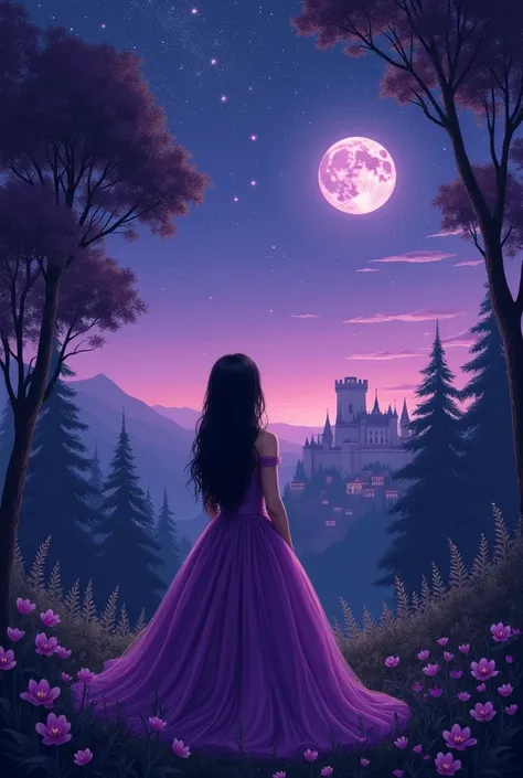 Make an art,  starry sky , a beautiful forest in the background , The moon in purple, Moon not so big, a small village in the background,  in shades of purple and black, And a castle ,  and a princess looking up at the sky, She's wearing a beautiful purple...