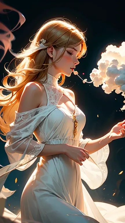 Create an illustration of a golden-haired woman in a white dress, Blowing colored smoke out of the mouth,  inspired by the character Siri from the book Warbreaker, Where do you represent the magic of the literary universe called breaths