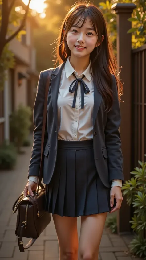 A radiant young woman in an elegant school uniform stands near the entrance of her home, saying goodbye. Her expression shifts between warmth, lingering attachment, and slight hesitation as she glances back, waves softly, or grips her bag gently.

Her unif...