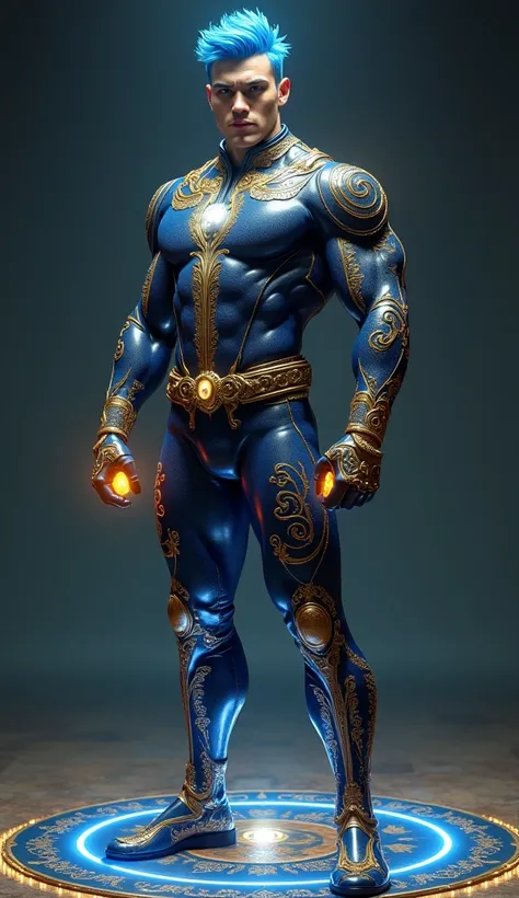 Full body 3D image of a strong and handsome hunky slender blue hair chron, surrealistic face and eyes, wearing Navy and gold swirls and twirls filigree shiny glittered latex spandex, with gloves and belt and boots, super bulges, holding a shining time jewe...