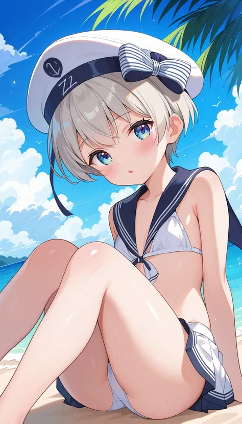 z1 leberecht maass \(kancolle\), 1girl, loli, blush, short hair, grey hair, blue eyes, white headwear, sailor hat, hat ribbion, blue ribbon, white bikini, frills, microskirt, beach, blue sky, sea side, palm tree, sitting on beach, ((((knees to chest)))), f...