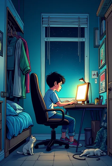 comic style ,boy workin on computer inside room, sitting on a chair, small room,bed beside table,closet,window night time ,