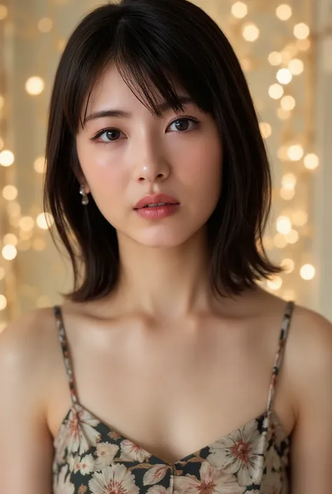(medium full shot), beautiful korean girl, bokeh lights background, studio lighting, wearing bohemian dress with floral pattern, dslr, soft lighting, high quality, film grain, light reflections, blood vessels, pale skin, skin pores,blood vessels in scle...