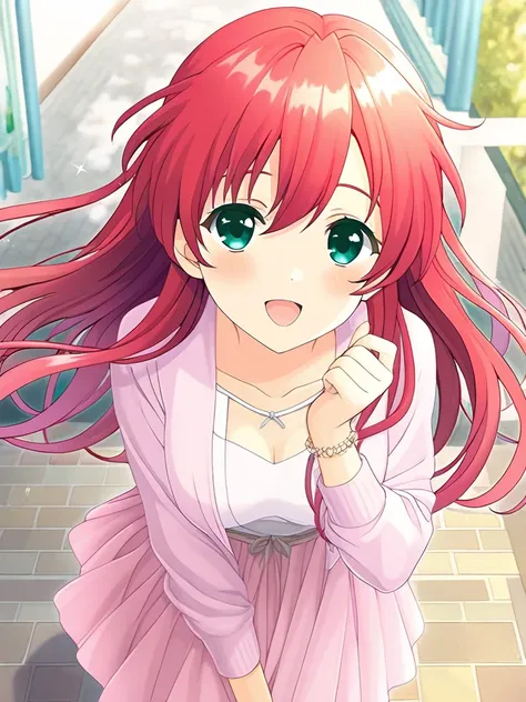 masterpiece, best quality, SetoAyano, 1girl, solo, long hair, red hair, green eyes, breasts, happy, smile, summer fashion, I'm on a date with my girlfriend while walking around town,